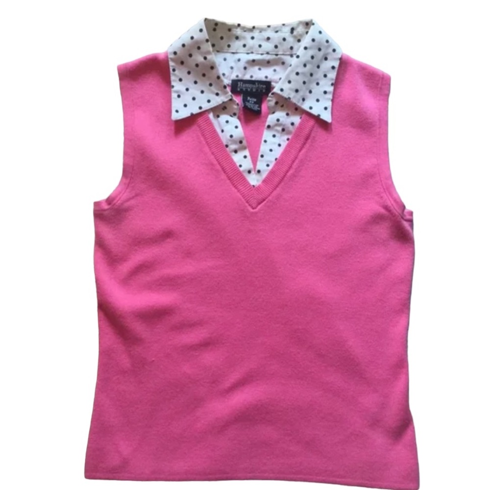 Sleeveless bright pink knit top with white and black polka dot collar. Sz. PP - Picture 2 of 4